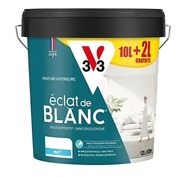 Peinture murs, plafonds et boiseries éclat de blanc V33 blanc mat 12L