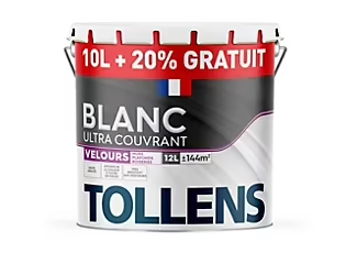 Peinture Tollens ultra couvrant murs, plafonds et boiseries velours blanc 10L+20% gratuit