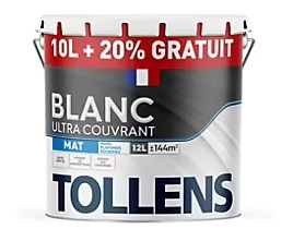 Peinture Tollens ultra couvrant murs, plafonds et boiseries mat blanc 10L+20% gratuit