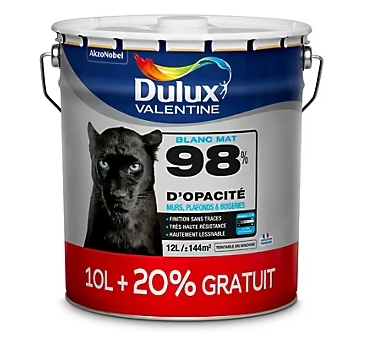 Peinture murs plafonds et boiseries Dulux Valentine 98% monocouche mat blanc 10L +20% gratuit