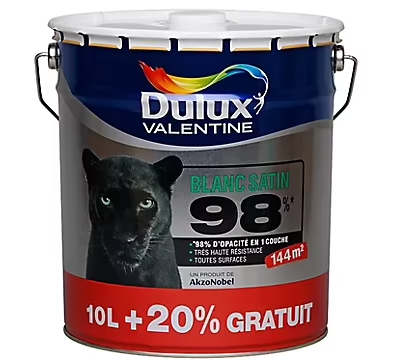 Peinture murs plafonds et boiseries Dulux Valentine 98% monocouche satin blanc 10L +20% gratuit