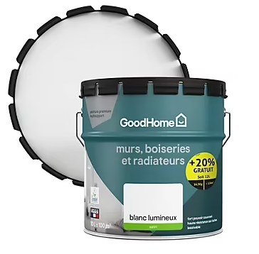 Peinture murs, boiseries et radiateurs haute résistance blanc satin GoodHome 10L + 20% gratuit