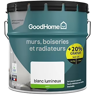 Peinture murs, boiseries et radiateurs haute résistance blanc satin GoodHome 10L + 20% gratuit