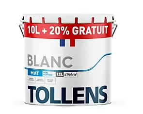 Peinture Tollens murs et plafonds mat blanc 10L+20% gratuit