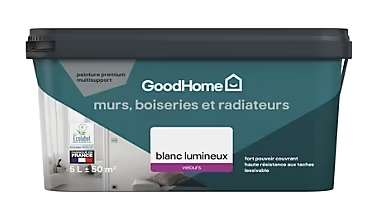 Peinture murs, plafonds et radiateurs GoodHome blanc lumineux velours 5L