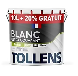 Peinture Tollens ultra couvrant murs, plafonds et boiseries satin blanc 10L+20% gratuit