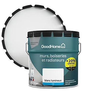 Peinture murs, boiseries et radiateurs haute résistance blanc mat GoodHome 10L + 20% gratuit