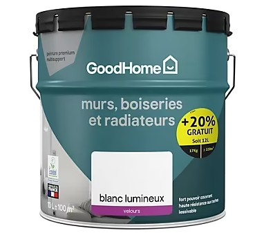 Peinture murs, boiseries et métal GoodHome haute résistance blanc velours 10L + 20% gratuit