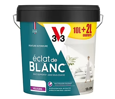 Peinture murs, plafonds et boiseries éclat de blanc V33 blanc velours 10L + 20% gratuit