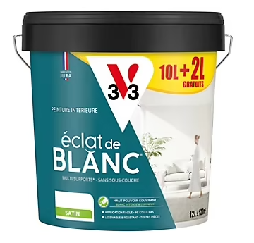 Peinture murs, plafonds et boiseries éclat de blanc V33 blanc satin 10L + 20% gratuit