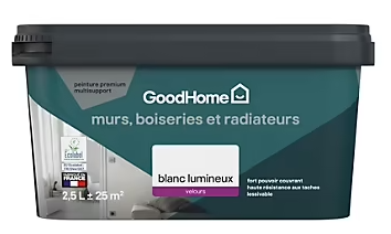 Peinture murs, plafonds et radiateurs GoodHome blanc lumineux velours 2,5L