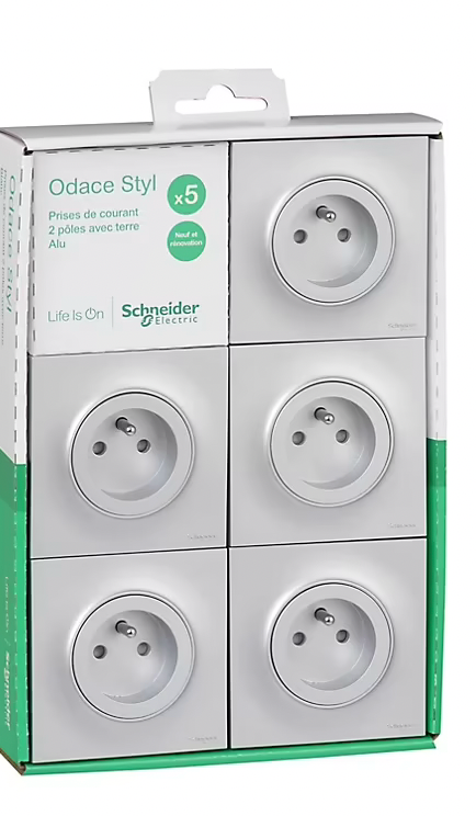 Prise avec terre complète Schneider Electric Odace aluminium, lot de 5