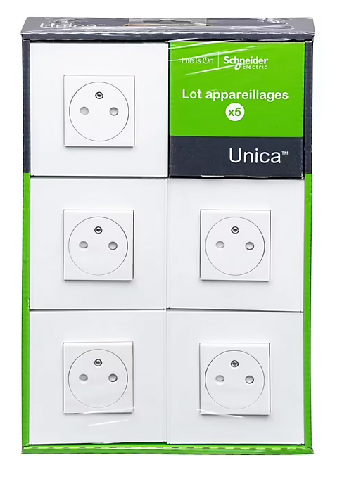 Prise de courant avec terre Schneider Electric blanc, lot de 5