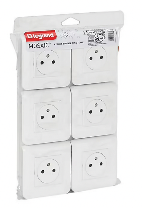 Prise 2 pôles + terre à vis Legrand Mosaïc blanc, lot de 6