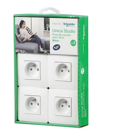 Prise avec terre complète Schneider Electric Unica Déco blanc, lot de 4