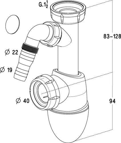 Siphon bi-matière EASYPHON blanc pour évier avec prise machine et joints intégrés h. 177 à 222 mm