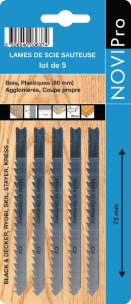 Jigsaw blade for wood without splinters in laminates, reverse toothing, L. 75 mm, box of 5 pieces