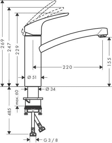 Mitigeur en inox chromé FOCUS E2 à bec bas pour évier Ø 35 mm débit 14 l/mn