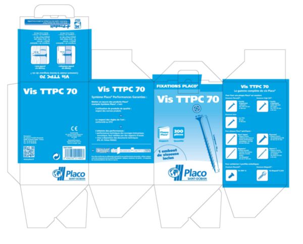 Vis autoperceuse trompette et pointe clou NF PLACO TTPC Ø 10 x 70 mm 300 pces