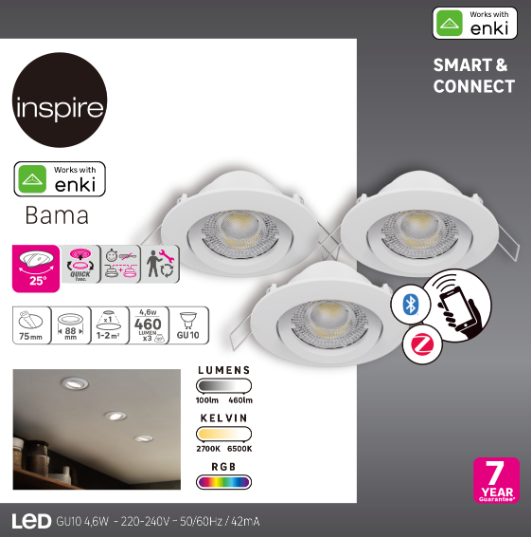 Kit 3 spots encastrés connecté Bama Enki gu10 couleurs et blancs, INSPIRE blanc