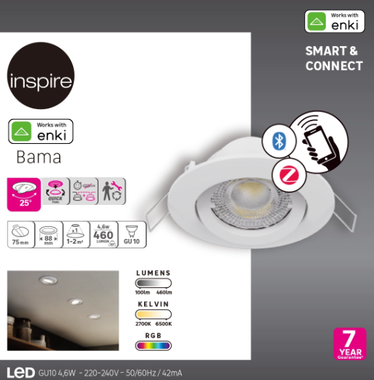 Kit 1 spot à encastrer connecté Bama Enki gu10 couleurs et blancs, INSPIRE blanc