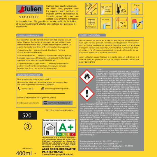 Sous-couche en bombe aérosol int/ext Universelle JULIEN 400 ml