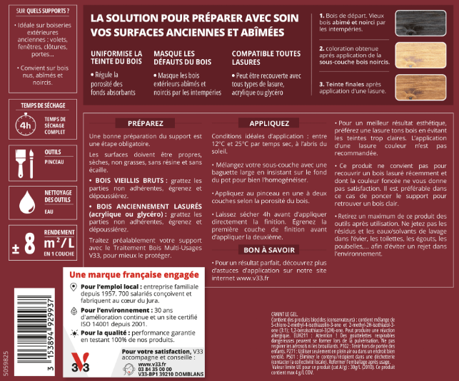 Sous-couche extérieure bois noircis V33 aspect bois blanc 2.5 l