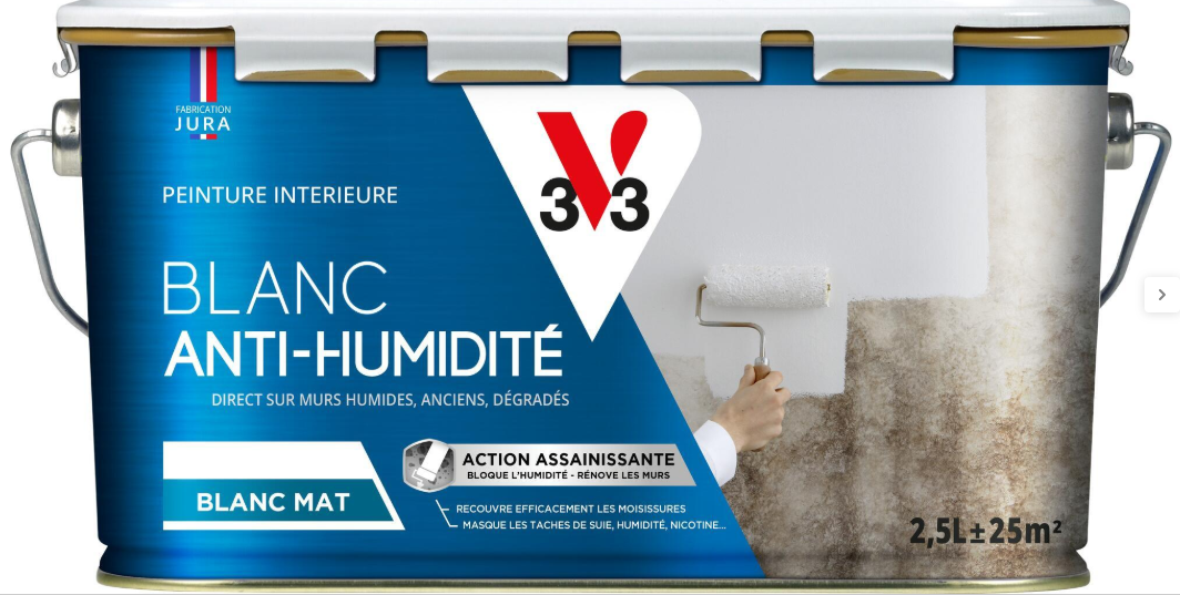 Peinture mur et plafond blanc mat V33 assainissante anti-humidité 2.5l