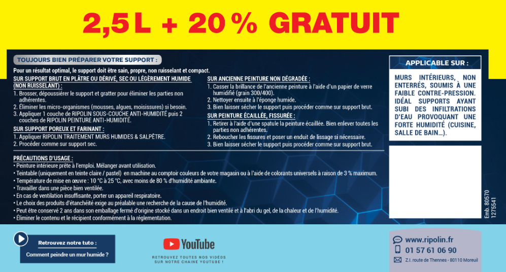 Peinture anti-humidité blanc satin RIPOLIN Dip etanch 2.5L+20% gratuit