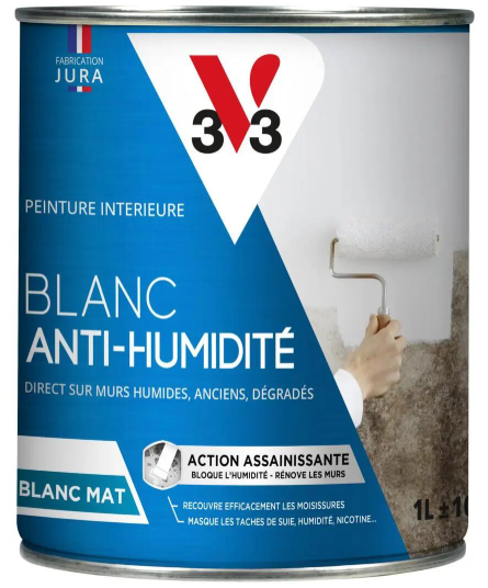 Peinture mur et plafond blanc mat V33 assainissante anti-humidité 1l