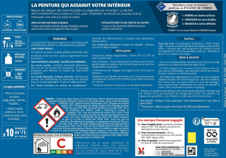 Peinture mur et plafond blanc mat V33 assainissante anti-humidité 1l