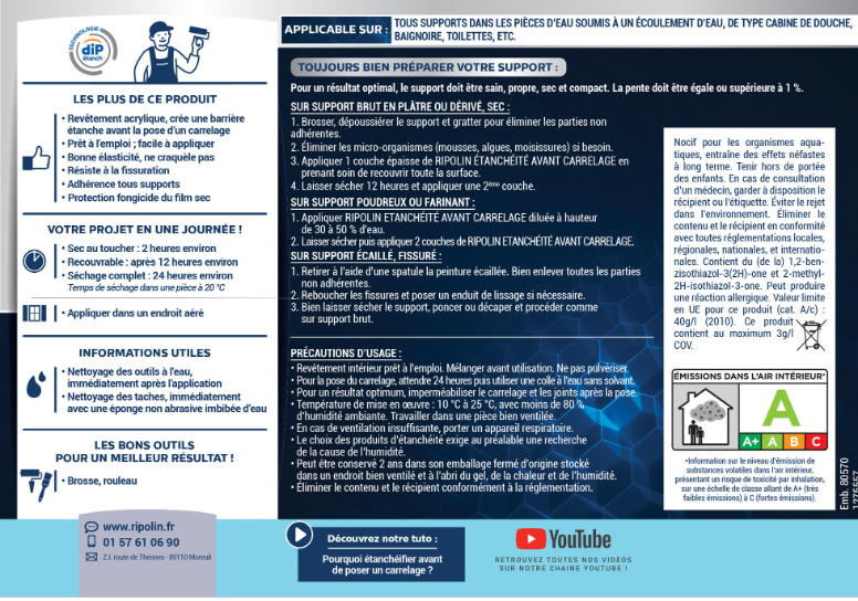 Revêtement d'étanchéité avant carrelage Dip etanch, RIPOLIN blanc 0.75 l