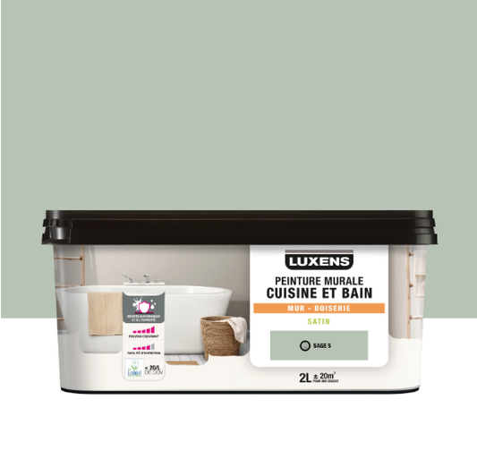Peinture mur, boiserie sage 5 satin LUXENS Cuisine et bain 2L