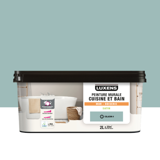 Peinture mur, boiserie celadon 4 satin LUXENS Cuisine et bain 2L