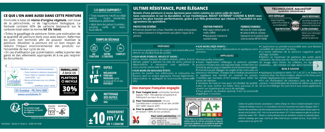 Peinture mur voile de coton velours V33 Resist extrême cuisine et bain 2L