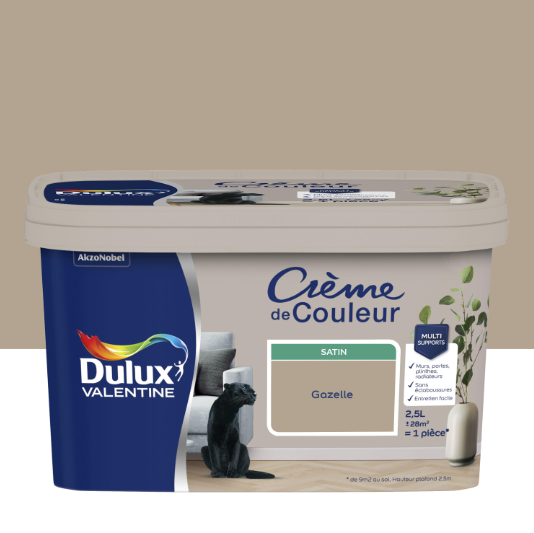 Peinture mur, boiserie gazelle satin DULUX VALENTINE Crème de couleur 2.5L