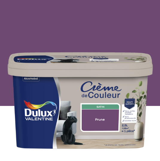 Peinture mur, boiserie prune satin DULUX VALENTINE Crème de couleur 2.5L