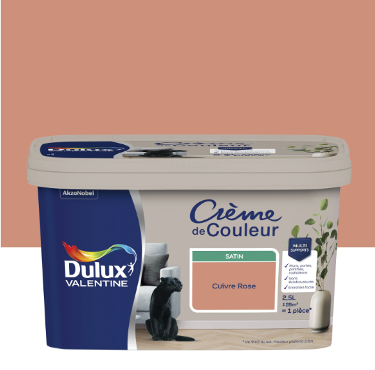 Peinture mur, boiserie cuivre rose satin DULUX VALENTINE Crème de couleur 2.5L