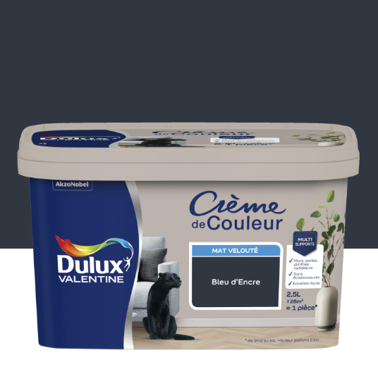 Peinture mur, boiserie bleu d’encre mat DULUX VALENTINE Crème de couleur 2.5L