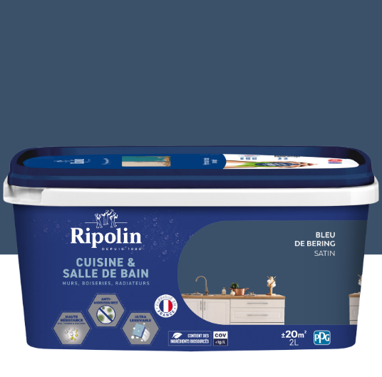 Peinture mur bleu de bering satin RIPOLIN Cuisine et bain 2L