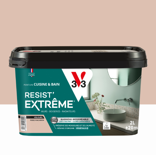 Peinture mur rose macaron velours V33 Resist extrême cuisine et bain 2L