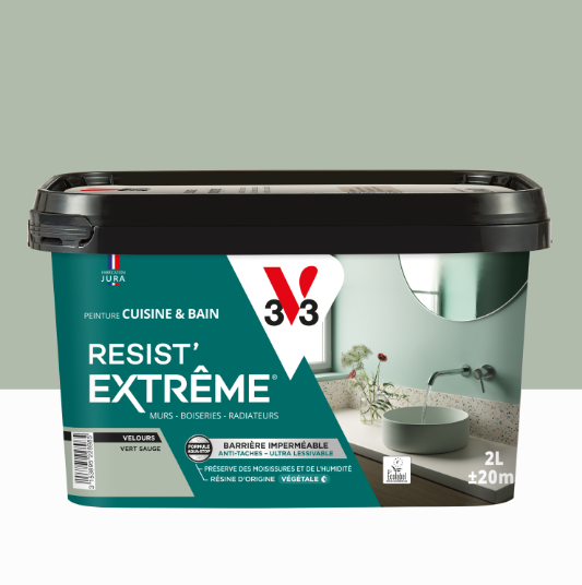 Peinture mur vert sauge velours V33 Resist extrême cuisine et bain 2L