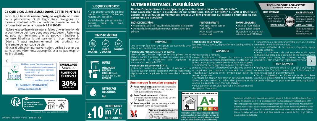 Peinture mur vert sauge velours V33 Resist extrême cuisine et bain 2L