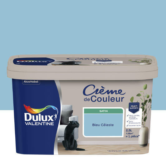 Peinture mur, boiserie bleu céleste satin DULUX VALENTINE Crème de couleur 2.5L