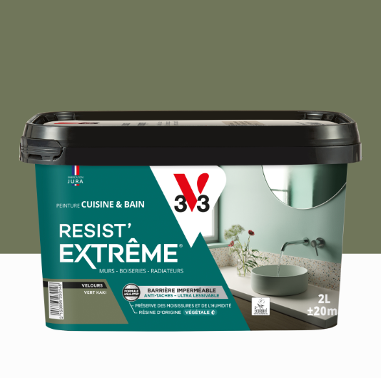 Peinture mur vert kaki velours V33 Resist extrême cuisine et bain 2L