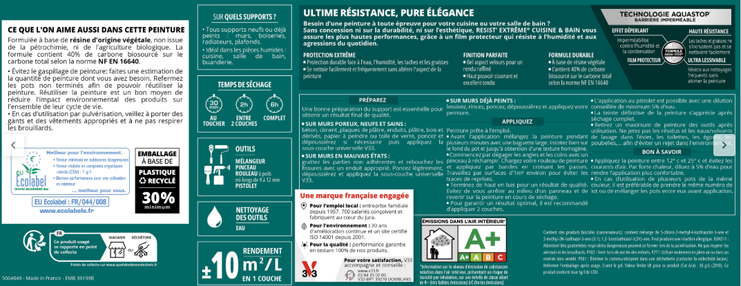 Peinture mur vert kaki velours V33 Resist extrême cuisine et bain 2L