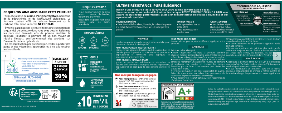 Peinture mur bleu pétrole velours V33 Resist extrême cuisine et bain 2L