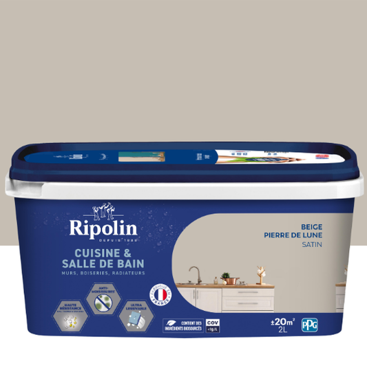 Peinture mur beige pierre de lune satin RIPOLIN Cuisine et bain 2L