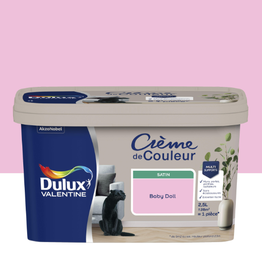 Peinture mur, boiserie baby doll satin DULUX VALENTINE Crème de couleur 2.5L