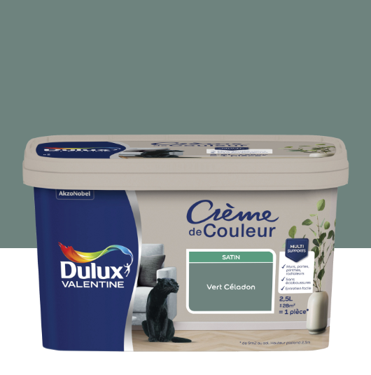 Peinture mur, boiserie vert céladon satin DULUX VALENTINE Crème de couleur 2.5L